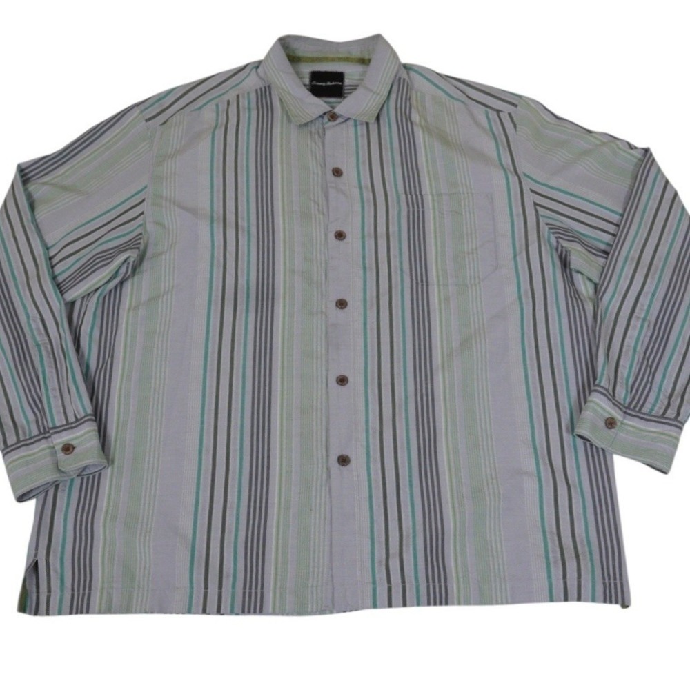 Tommy Bahama Silk Shirt Mens XXL‎ Button Up Striped Green White Casual Luxury